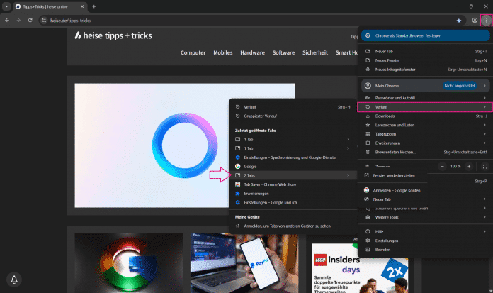 Drei-Punkte-Menü, Verlauf und dann Tabs auswählen