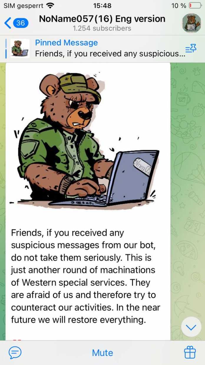Screenshot einer Nachricht der Gruppe Noname057(16) aus deren Telegram-Kanal.