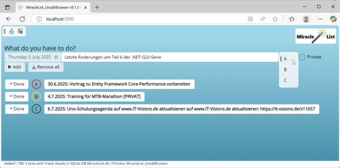 Die Beispielanwendung zur Aufgabenverwaltung läuft hier im Browser auf Basis von Uno, WebAssembly, HTML und einer lokalen SQLite-Datenbank im Browserspeicher (Abb. 2).
