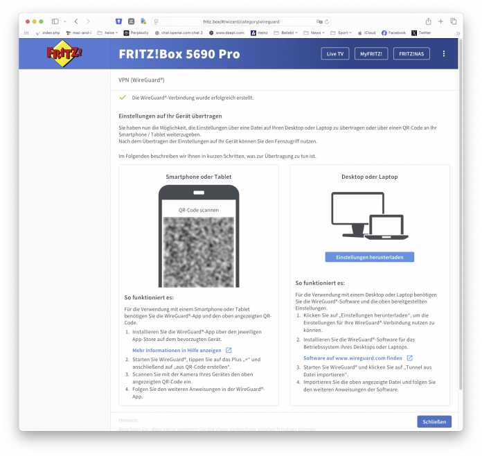Auf der Fritzbox können registrierte Benutzer ganz einfach einen VPN-Zugang per WireGuard erstellen.