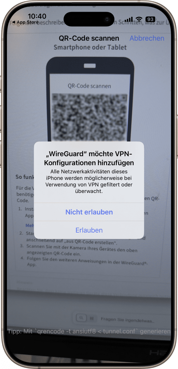Mithilfe des QR-Codes erspart man sich auf dem iPhone das mühselige Abtippen von Zugangsdaten für das VPN.