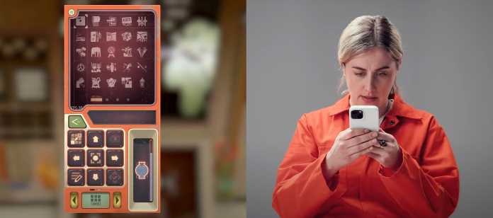 Ein kompliziertes Smartphone-UI, daneben eine Frau in orangem Overall, die es bedient.