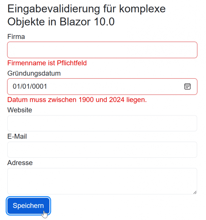Die Validierung findet bei Blazor 9.0 nur auf der obersten Ebene in der Objekthierarchie statt.