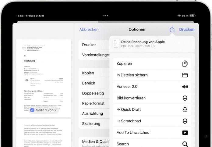 Über den Drucken-Dialog erstellen Sie unter iOS / iPadOS ein PDF aus einer E-Mail.