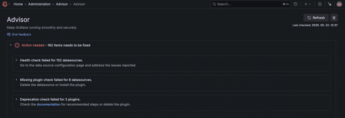 In this example from the documentation, Grafana Advisor has detected 162 difficulties.