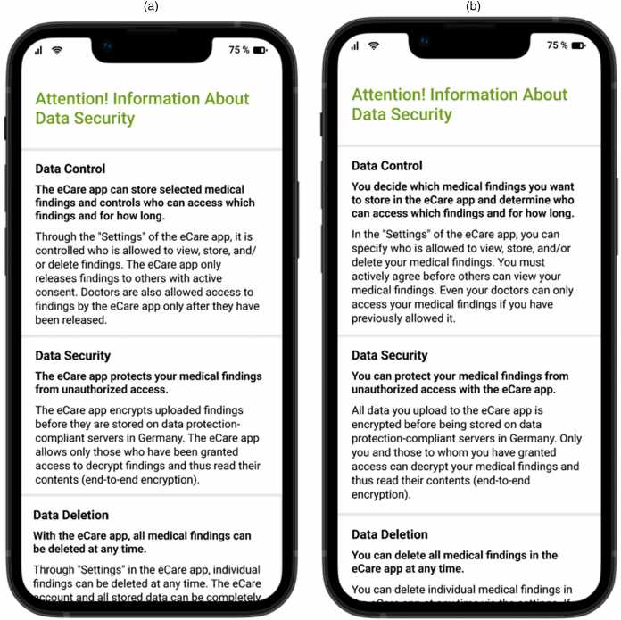 Datenschutzhinweise, die in der Studie in der Ansicht auf einem Smartphone verwendet wurden – mit der technikzentrierten Formulierung (links) und der patientenzentrierter Formulierung (rechts).