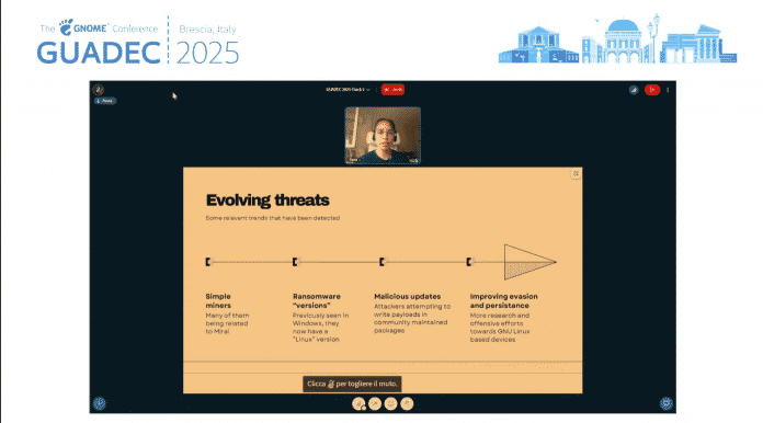 Screenshot online presentation, speaker Pau in small video image, below her creatively sophisticated slide &quot;Evolving threats&quot;