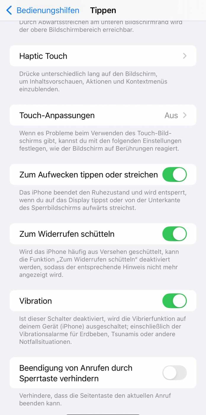 Standardmäßig aktiviert: Die Funktion &quot;Zum Widerrufen schütteln&quot; können Sie unter &quot;Einstellungen/Bedienungshilfen/Tippen&quot; deaktivieren., 