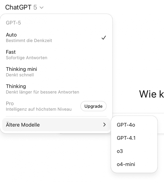 Menu with the selection options for the GPT models