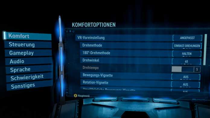 A VR in-game menu that shows convenience options.