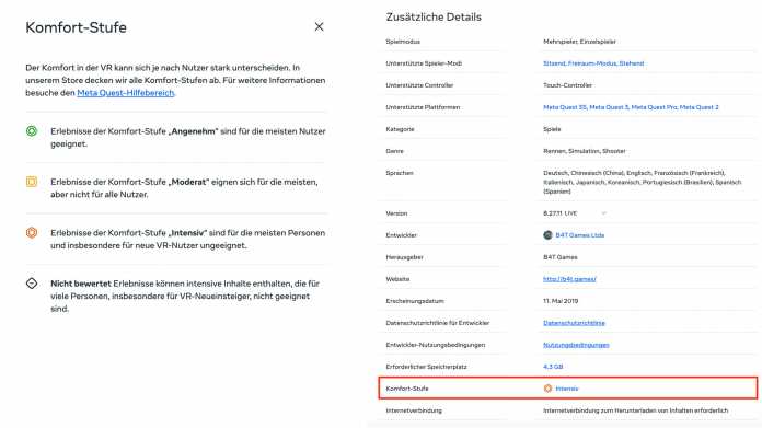 Two images showing the comfort levels and additional details of a VR app in the Quest Store.