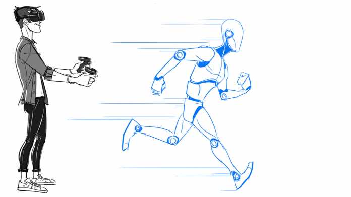Drawing of a VR user and his running robot avatar.