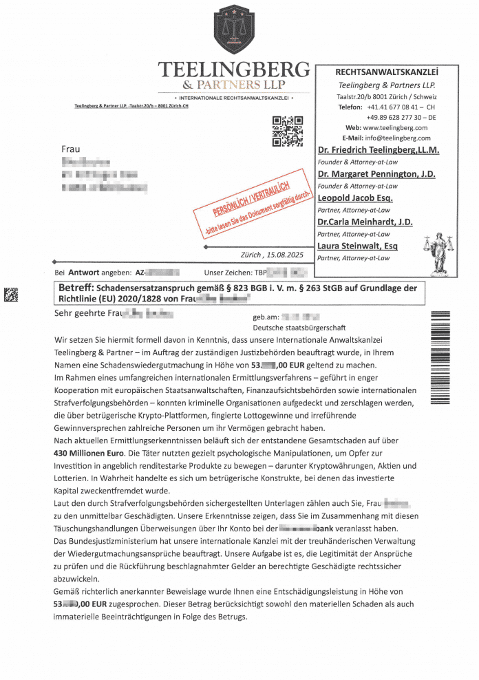 Erste Seite des falschen Anwaltsschreibens