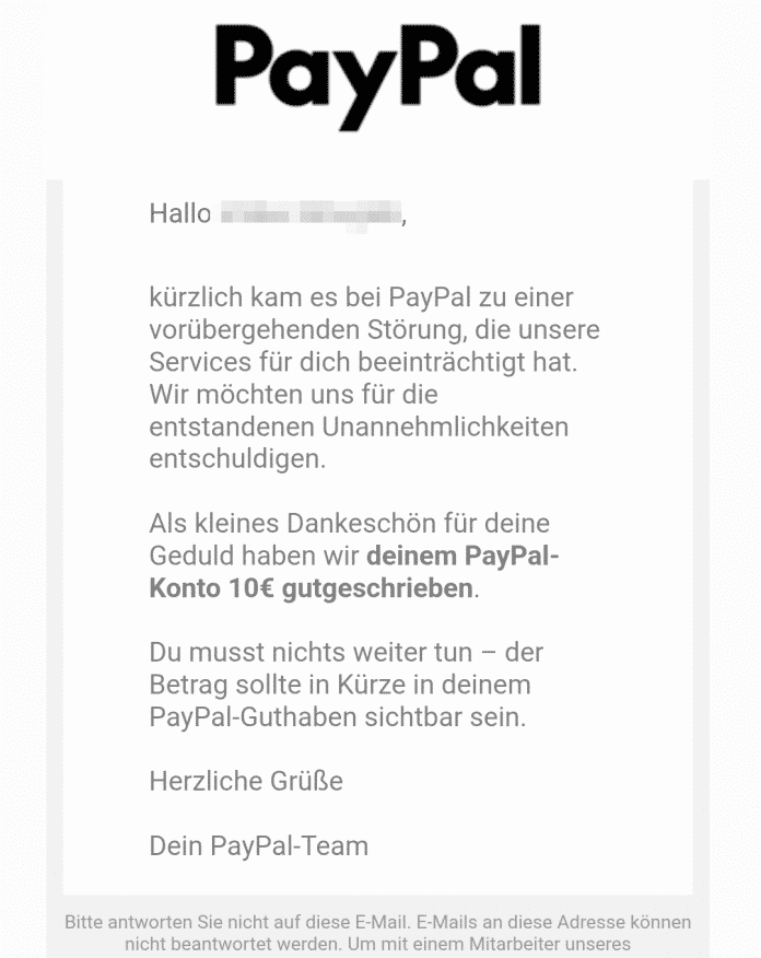 Paypal-Ankündigung der Gutschrift
