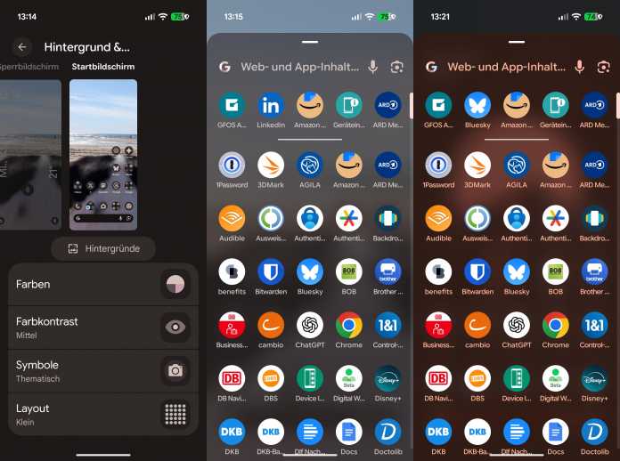 Android 16 app overview with various slightly translucent backgrounds