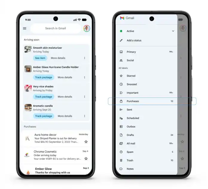 Gmail inbox with pending deliveries and extended sidebar
