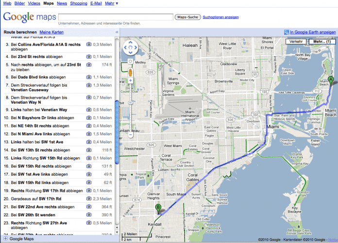 Screenshot von der Fahrradnavigation in Miami