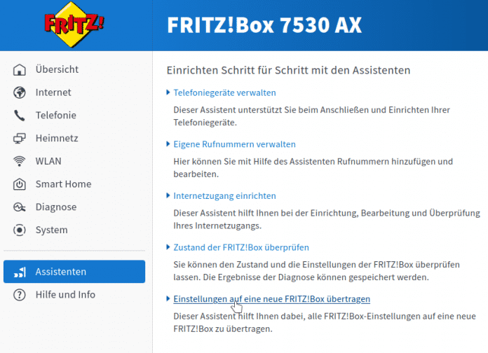 Wenn beim Fritzboxwechsel der neue Router die gesicherten Einstellungen nicht importieren will, hilft der Wechselassistent auf der alten Box weiter., 