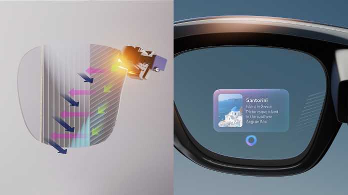 Comparison: Lumus infographic with waveguide on the left, the waveguide in Meta Ray-Ban display on the right, both with characteristic mirror stripes.