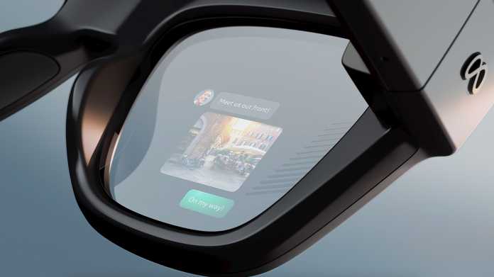 Close-up of the right lens of the Meta Ray-Ban Display with digital image display