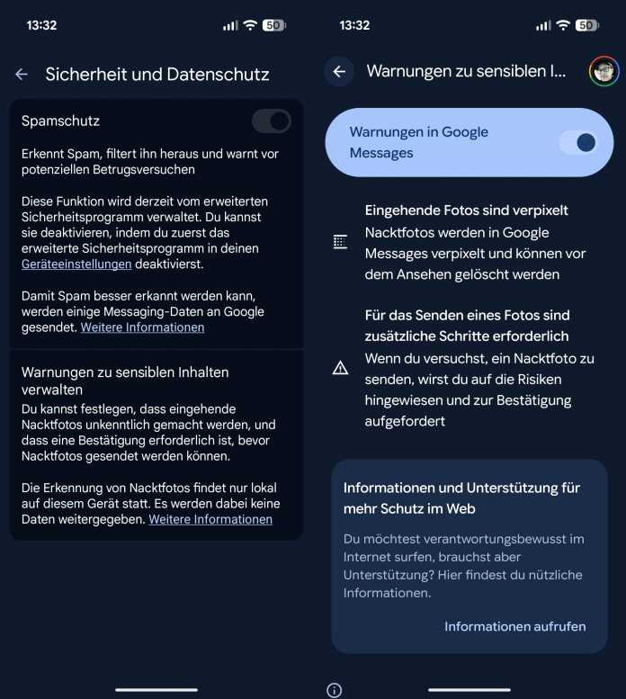 Screenshot of the optional nude scan function Google Messages