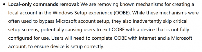Microsoft's announcement to prevent the creation of local accounts.