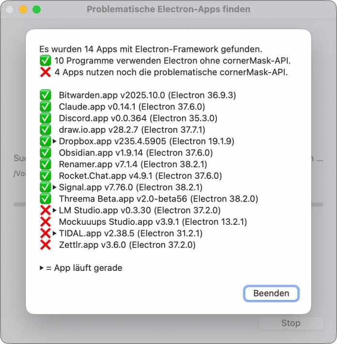 Screenshot vom Mac &amp; i-Tool &quot;Problematische Electron-Apps finden&quot; 