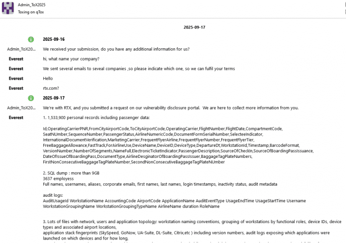 Ausschnitt auf einem vermeintlichen Chat zwischen einem RTX-Mitarbeiter und Everest