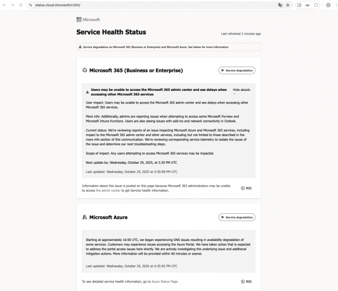 Screenshot des MS-Statusportals am 29.10.25 17:40