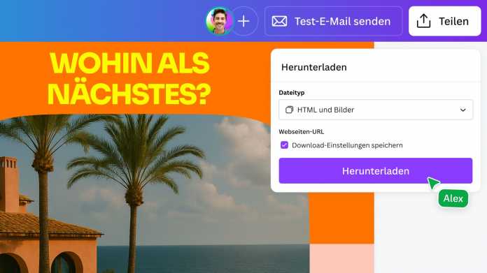 Oberfläche von Canvas E-Mail-Designer mit HTML-Export