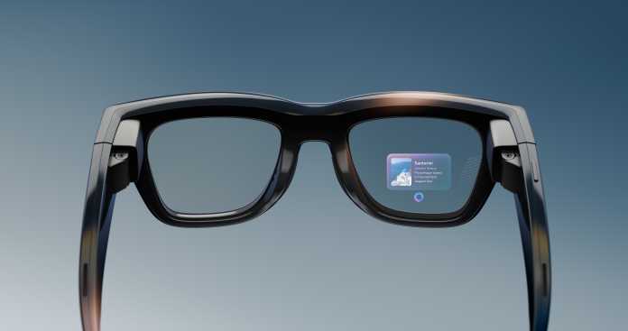 Meta Ray-Ban Display with an illustrative display superimposed.