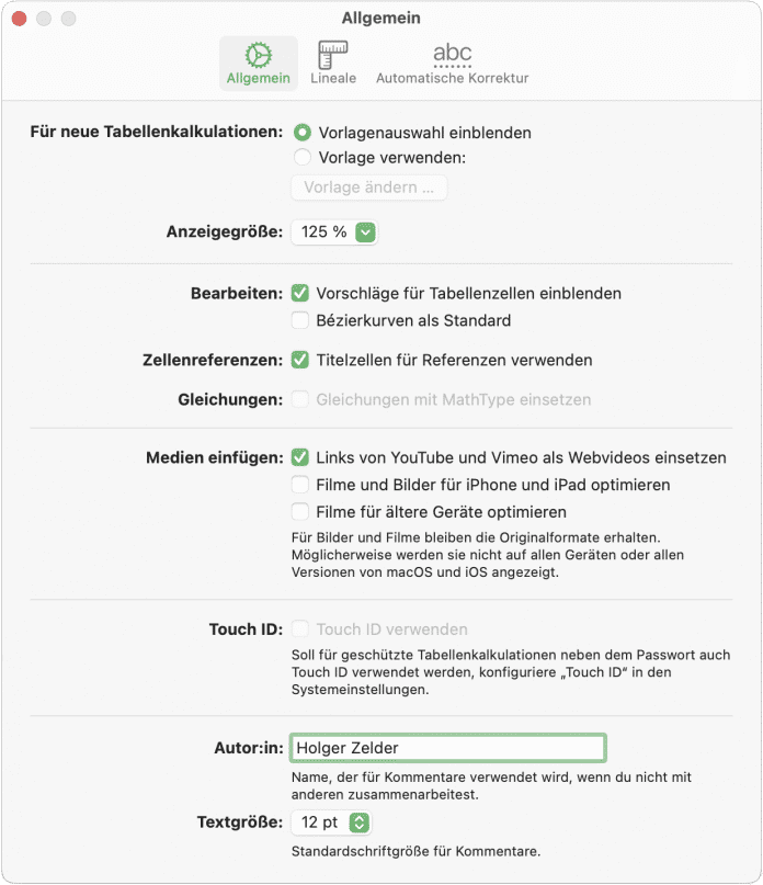 Pages Autorenname Einstellungen