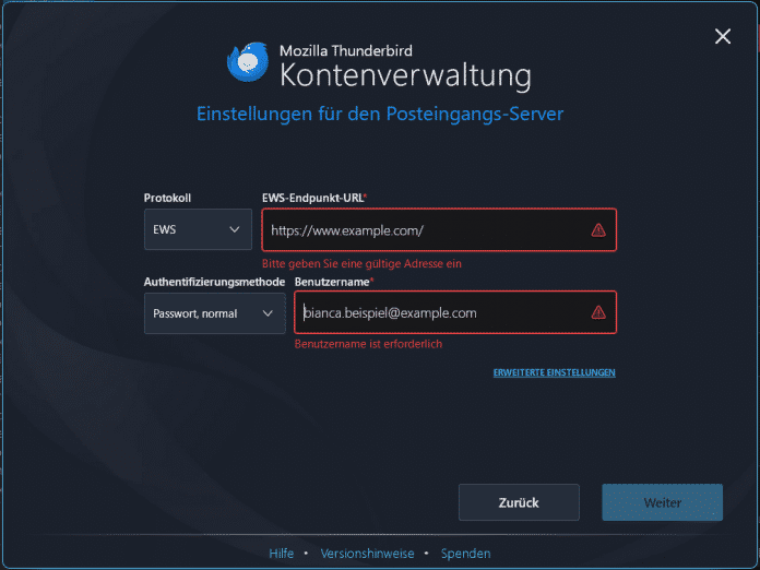 Thunderbird ermöglicht das Einbinden von Exchange-Konten