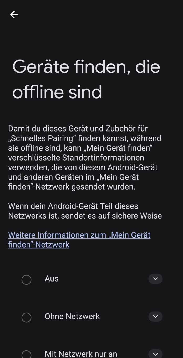 EInstellungen in Android für Googles Find Hub