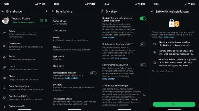Screenshots WhatsApp Strikte Kontoeinstellungen – wo sie zu finden sind