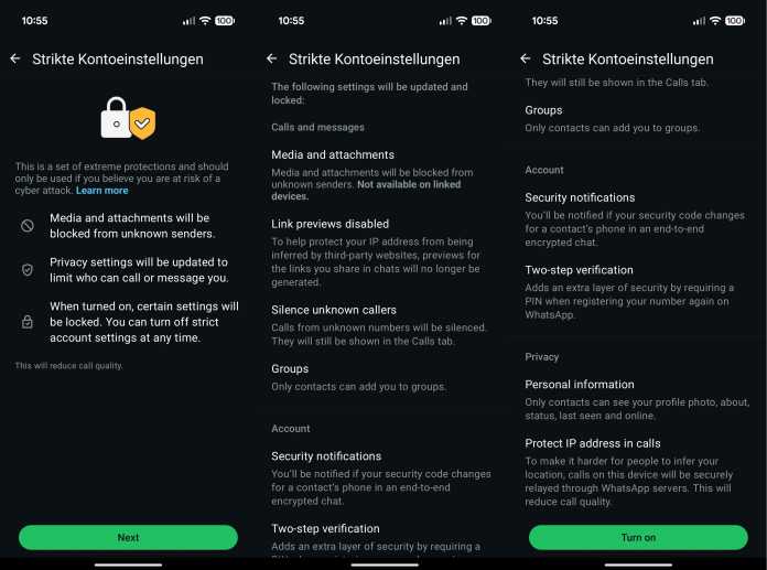 WhatsApp Strikte Kontoeinstellungen  – Funktionen