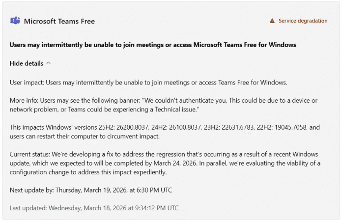 Microsoft Teams Free Statusmeldung: "Service degradation" wegen Windows-Update.