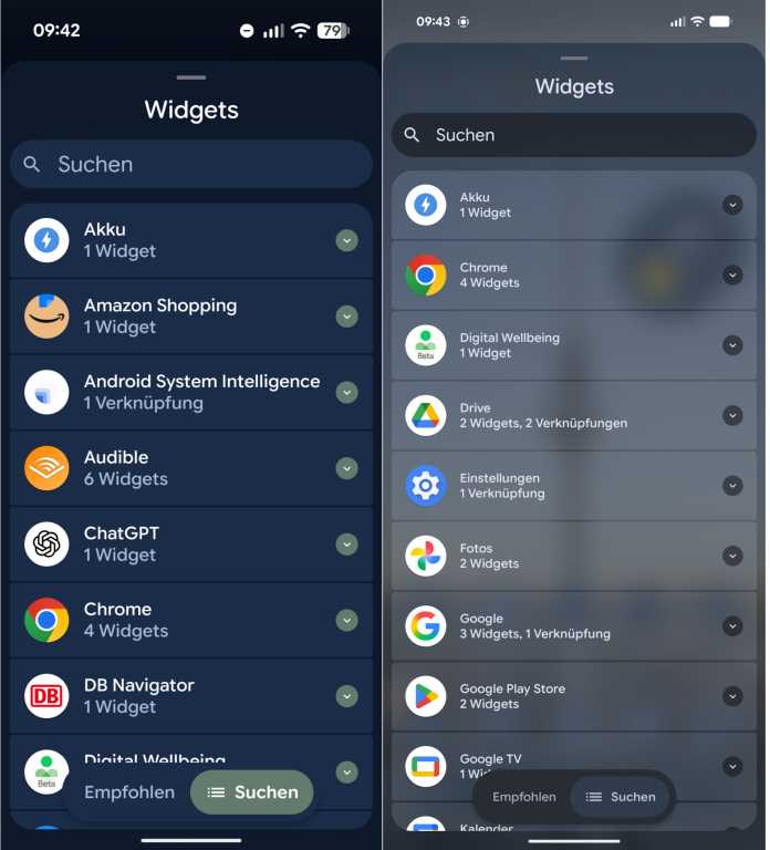 Screenshot-Vergleich – Widgetansicht in Android 16 QPR3 und in Android Canary