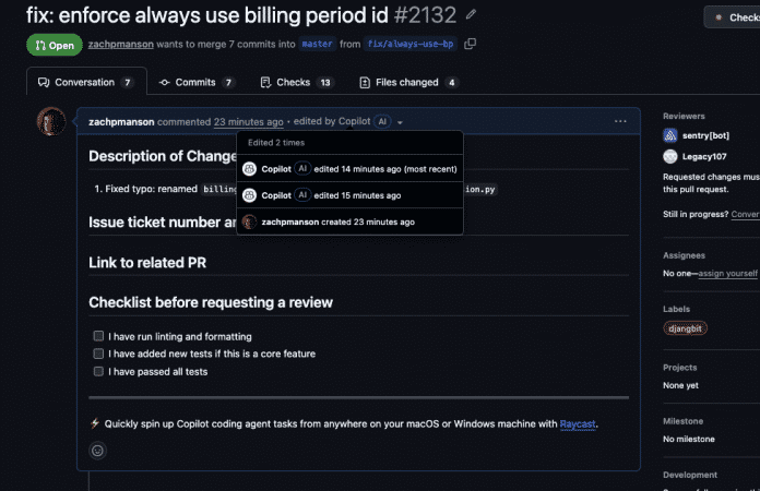 Screenshot von Copilot PR mit Produkthinweis