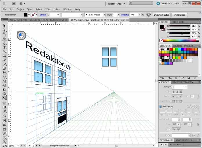 Mit dem Perspective Grid kann man in Illustrator auf einfache Weise perspektivische Grafiken anlegen.