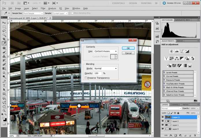In Photoshop CS5 rekonstruiert die Funktion &quot;Content-aware Fill&quot; Teile eines Fotos auf Grundlage der Umgebung.