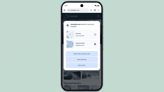 Screenshot Chrome-Browser mit der Option, nur den ungefähren Standort zu teilen