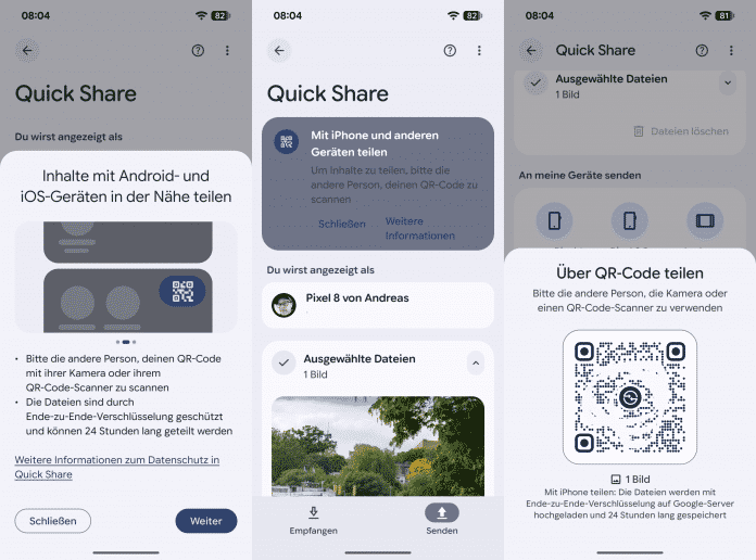 Screenshoits: Quick Share Funktion Teilen per QR Code