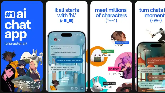 Character.AI App: Promotional graphic with anime characters, chat screens, and a note about 100 million downloads.