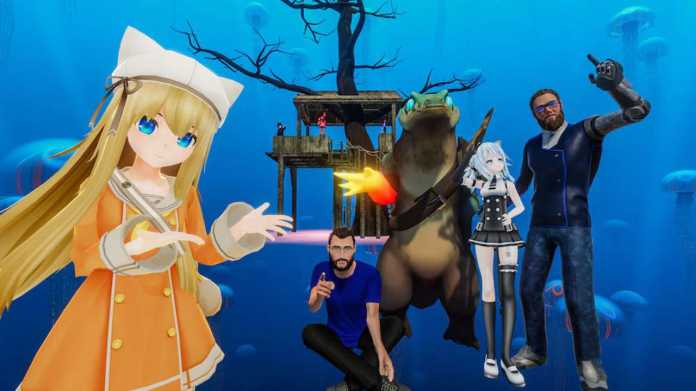 VRChat: Anime avatar, monster, and humanoid figures posing in a blue underwater world with a treehouse.