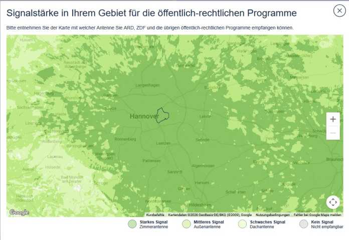 Karte zeigt Signalstärke für öffentlich-rechtliche Programme in Deutschland.
