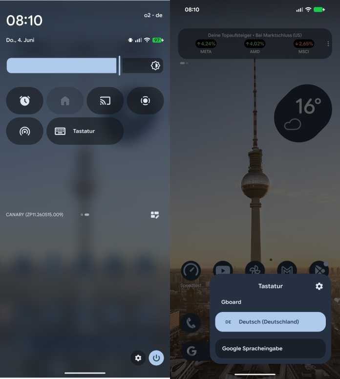 Screenshot Android 17 QPR1 Beta 4 Keyboard-Kachel in Schnelleinstellungen