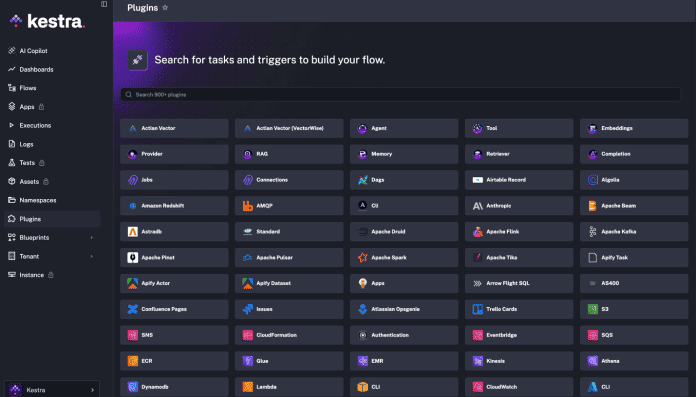 Kestra-Dashboard mit Plugins-Menü und Suchleiste