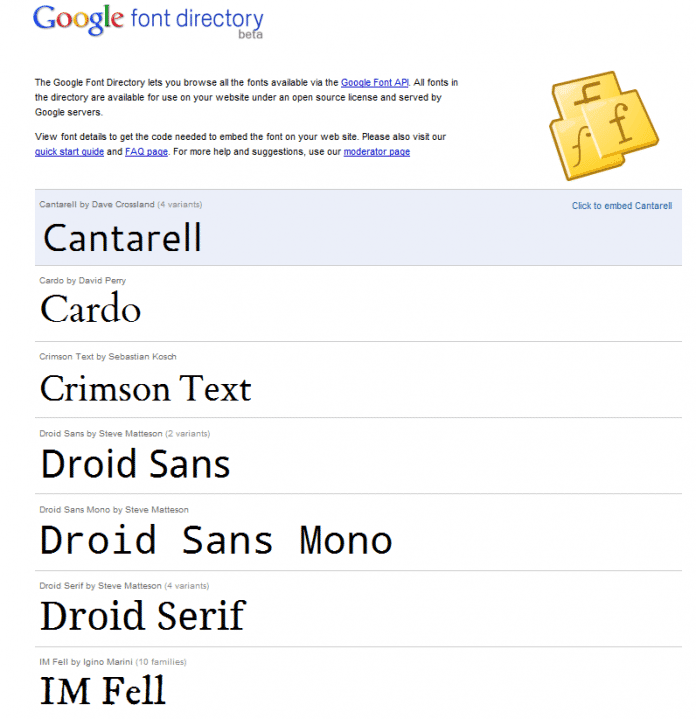 Googles Font-Directory listet bislang 18 frei verfügbare Schriften