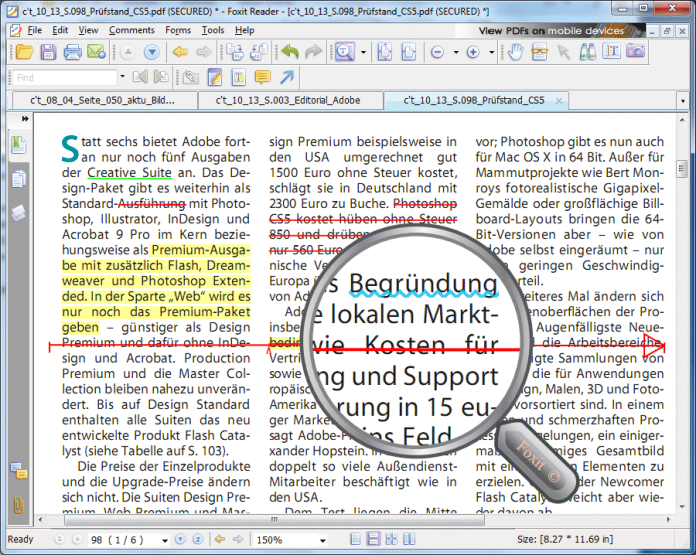 Der Foxit Reader kann mehr als der Adobe Reader, beispielsweise Text markieren und Text per Lupe vergrößern.